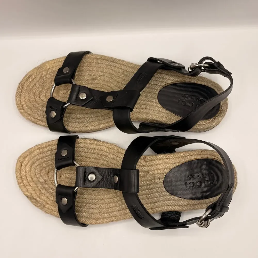GUCCI Leather O-Ring Fisherman Espadrille Sandal Black Sz 10.5 $995